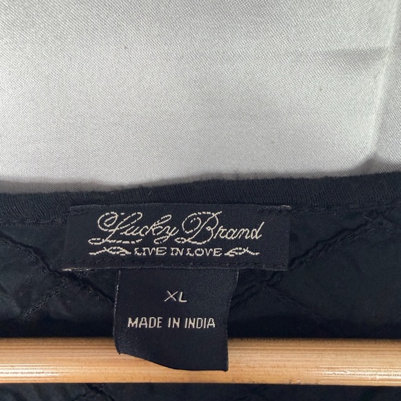 Lucky Brand Black Boho Top XL Quilted Detail Keyhole 3/4 Sleeve Blouse - Picture 2 of 6